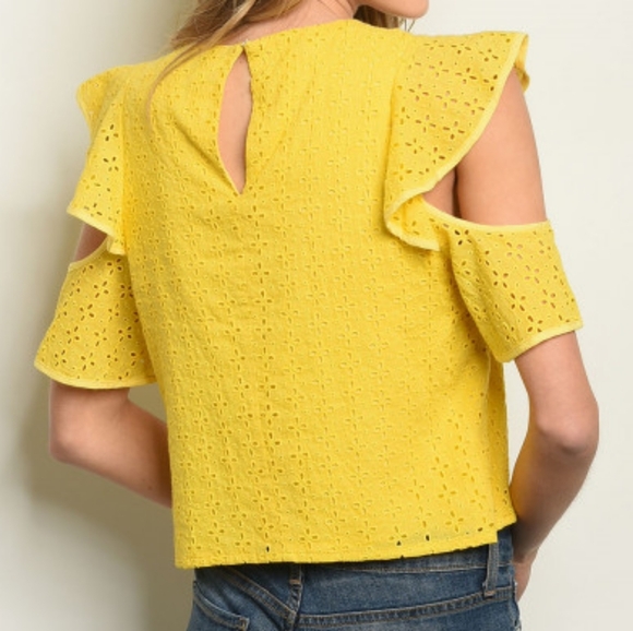 Yellow Eyelet Lace Split-Shoulder Top - Picture 2 of 4